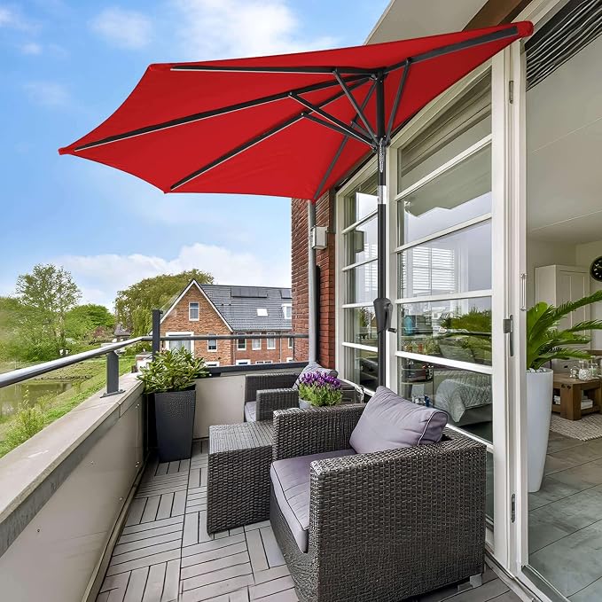 9FT Half Umbrellas Outdoor - Half Patio Umbrella with Tilt, UV Protection Waterprool, Half Round Umbrella for Wall Balcony, Pool, Porch, Garden, Deck, Backyard (Red)