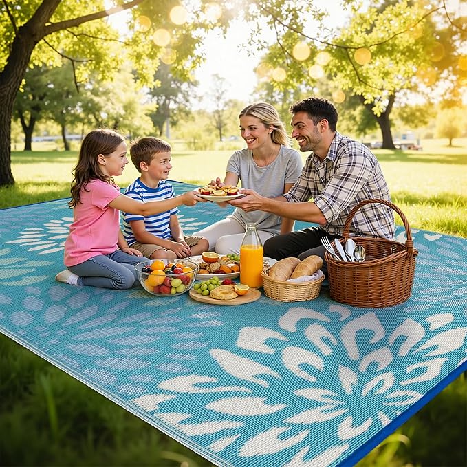 HEBE Waterproof Outdoor Rug 8x10 for Patios, Floral Reversible Plastic Straw Rug Patio Mat, Indoor Outdoor Carpet RV Mat Camping Rug for Deck, Camper, Porch, Balcony, Backyard, Picnic