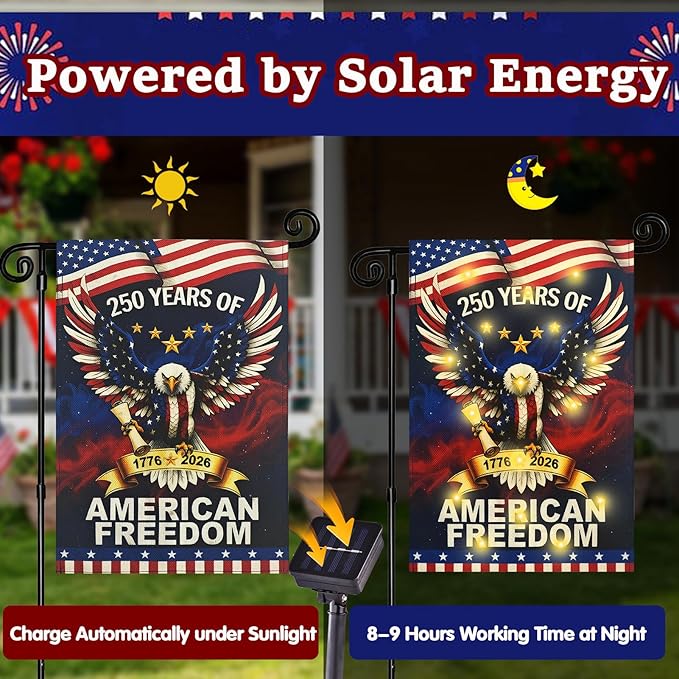 Lighted 250th Anniversary USA Garden Flag for Outside, Solar Led Double-sided Patriotic Banner with 1776-2026 250 Years of American Freedom Design for Independence Day, July 4th Decor (LED USA Eagle, 28 x 40 Inch)