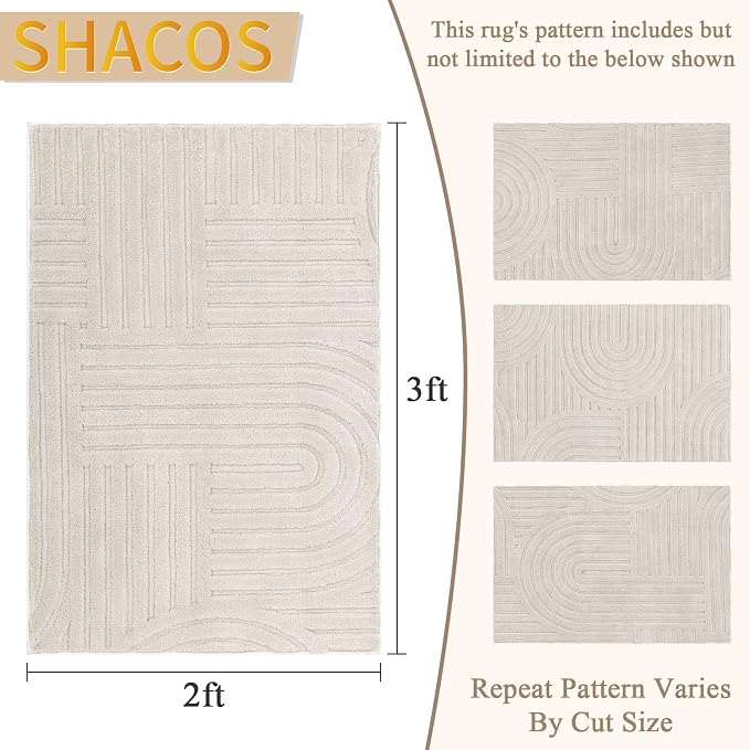SHACOS Soft Cozy Fluffy Arch Pattern High-Low Pile Small Rug 2'x3' Non Slip Washable Textured Minimalist Area Rugs Modern Geometric Carpet for Bedroom Bathroom Kitchen, Beige