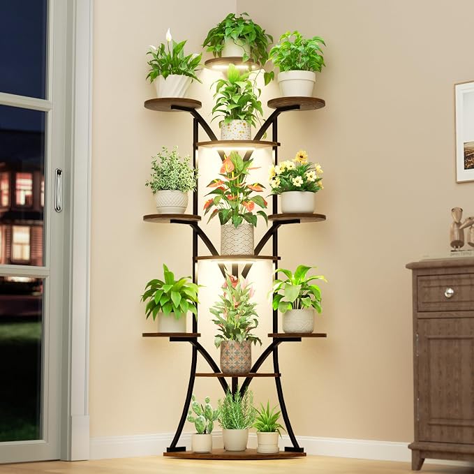 Plant Stand Indoor with Grow Lights-63'' Tall Plant Shelf, Corner Plant Stands for Indoor Growing, Tiered Plant Shelves Large Flower Holder for Indoor Plants, V-Shaped Decorative Rack for Home, Black
