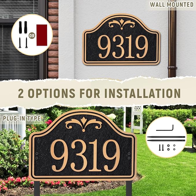 Personalized Lawn Address Plaque Sign with Stakes - House Address Signs for Outside Use for House,Apartment,Office,Yard (Black/Rose Gold)