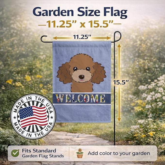 Caroline's Treasures BB1442GF Chocolate Brown Poodle Welcome Garden Flag, Blue Mailbox Flag Decorative Yard Flag Banner Outside Patio Artwork Yard Flower Beds, Garden Size, Multicolor