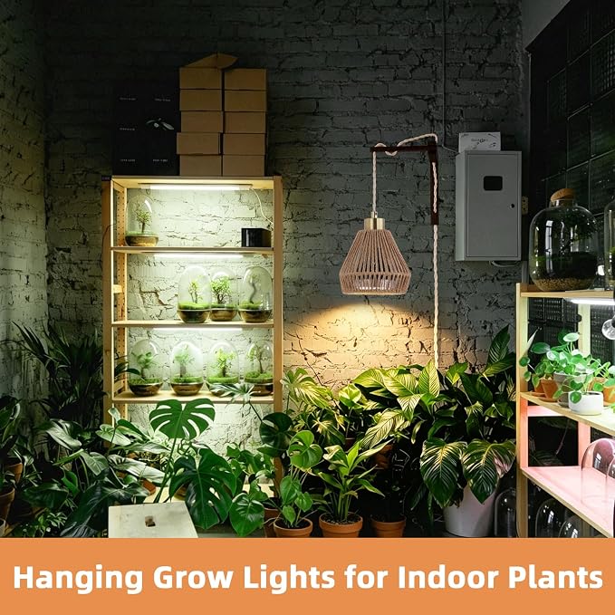 Hanging Grow Lights for Indoor Plants - 35W 4000K Full Spectrum Plant Light, Wall Mounted Grow Light with Wooden Bracket, Timer, 15FT Power Cord, Ideal for Plants, Flowers & Home Decor