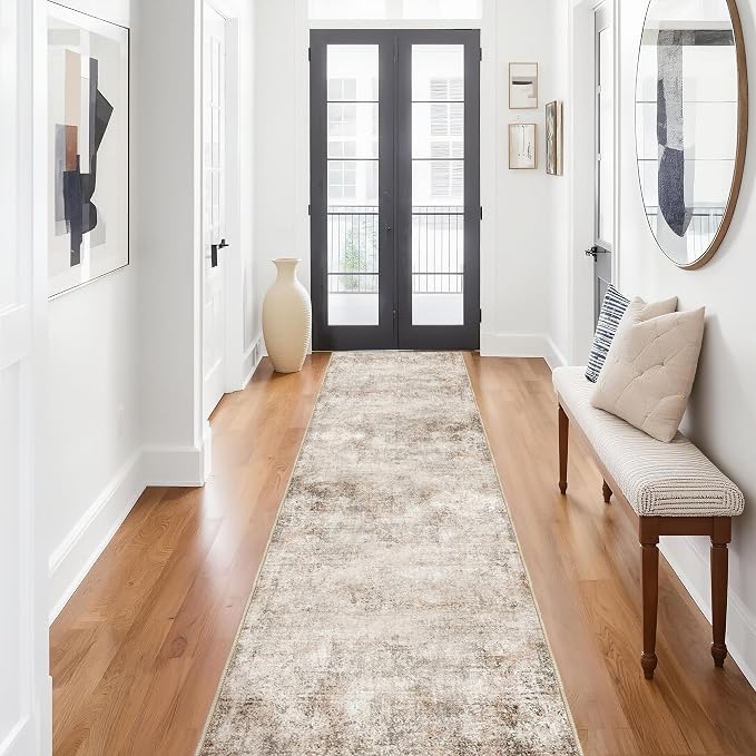 Abstract Beige Runner Rugs for Hallway: Washable Runner Rug 2x10 for Kitchen Entryway Bathroom Bedroom Indoor - Easy Clean Soft Thin Floor Mat - Modern Neutral Decor Throw Carpet