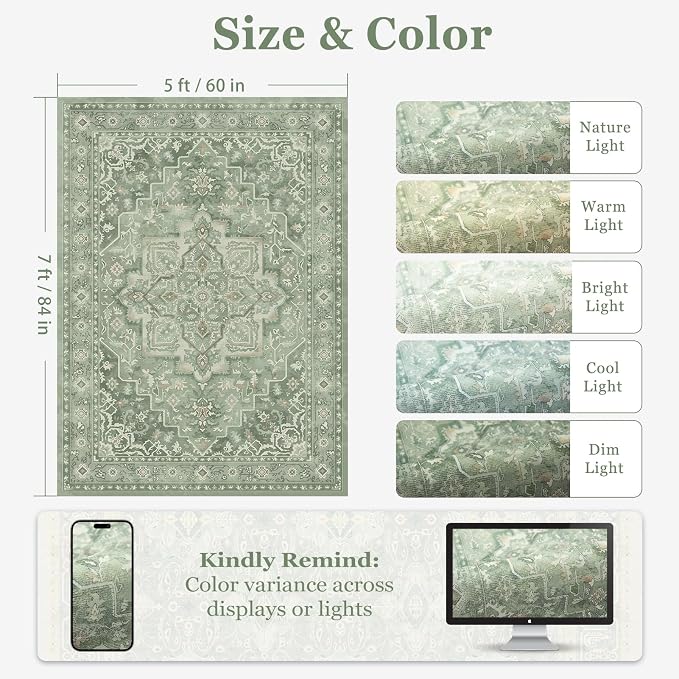 Sage Green 5x7 Area Rugs for Living Room, Cozy Cottagecore Rug for Bedroom Nursery Washable Non Slip, Soft Green Medallion Low Pile Thin Carpet Rugs for Dining Room/Kitchen/Foyer, Soft Green