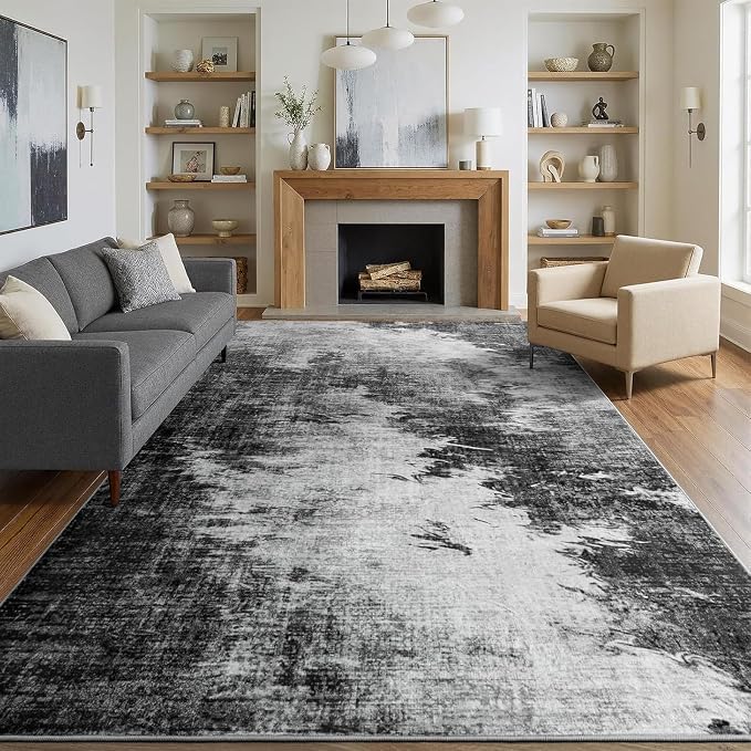 8x10 Modern Abstract Watercolor Gradient Washable Area Rug, Non-Slip | Low Pile Rugs, Anti-Shedding Aesthetic Carpet for Living Room, Dining Room, Office, Mid-Century Modern Home Decor, Ink Wash