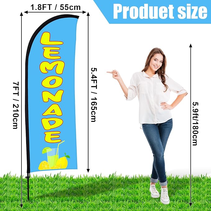 Buryeah Lemonade Feather Flag for Business Advertising 7x5.4ft Feather Flag Sign with Flagpole Ground Stake Portable Bag Lemonade Themed Banner with Rope for Outside Garden Business Party (Mint Blue)