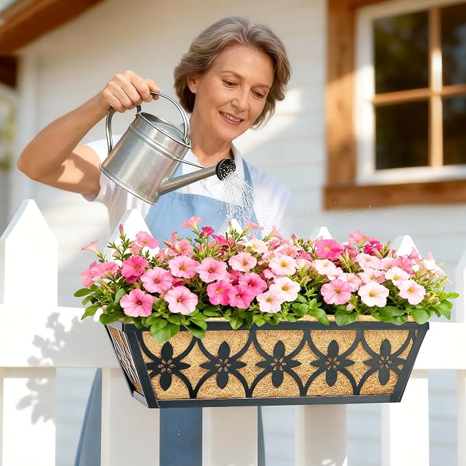 16 Inch Window Boxes Planters Railing Planter Box - 2 Pack Deck Railing Planter Boxes with Adjustable Brackets Coco Liners Balcony Planters Railing Hanging for Window Flower Boxes Outdoor Garden Decor