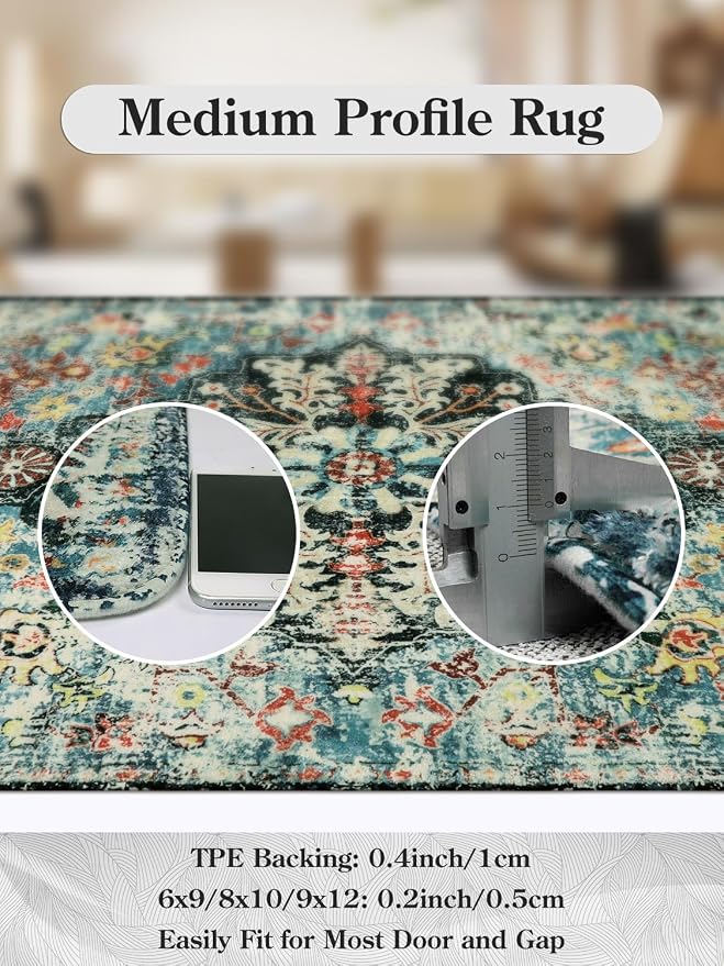 Lahome Reine Bohemian Floral Medallion Round Rug - 3Ft Small Bedroom Round Area Rug Soft Bathroom Circle Mat, Teal Vintage Non Slip Machine Washable Entryway Carpet for Nursery Kitchen Family Room