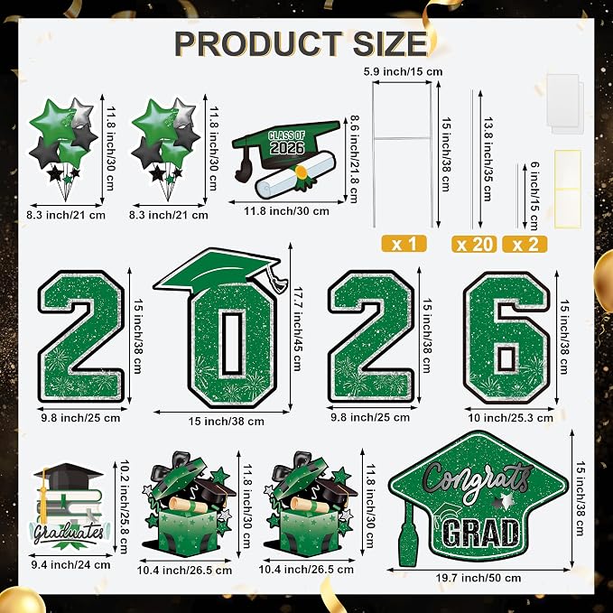 Large 11 PCS Graduation Yard Signs, Class of 2026 Congrats Grad Outdoor Lawn Yard Sign with Stakes, Graduate Yard Decorations for College High School Party, Black and Green