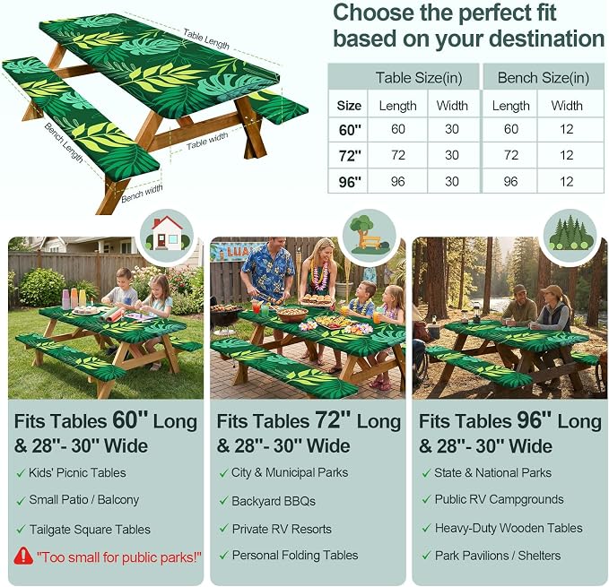Picnic Table Cover with Bench Covers Camping Essentials Waterproof Windproof Camping Tablecloth with Drawstring Bag, Fitted Rectangle Tables and Seats, 72in, Dark Green
