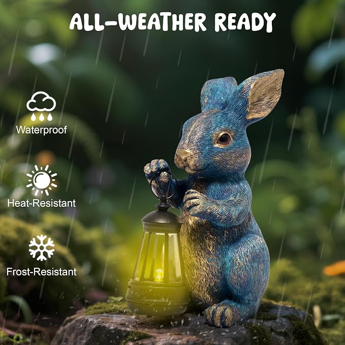 basen Outdoor Bunny Statue with LED Lantern, Battery Powered Resin Rabbit Garden Decor, Weather Resistant Lawn Yard Patio Ornament for Outdoor Indoor Spring Easter Home Decoration