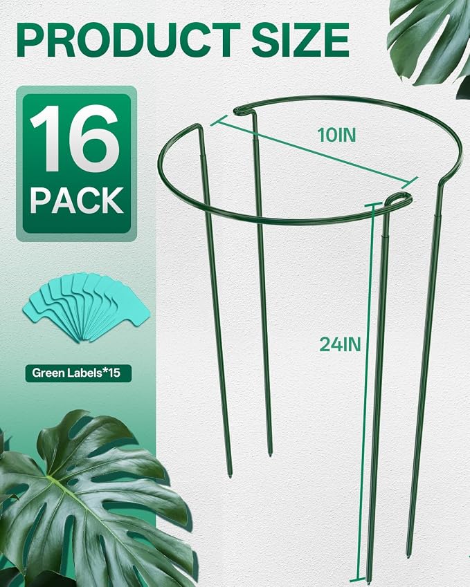 Breeze Touch 16 Pack Plant Support Stakes, 24 Inch Plant Stakes for Outdoor Plants, Peony Cage with 15 Pcs Green Lables, Peony Cages and Supports, Peonies Support Cages Flower Stakes for Plants