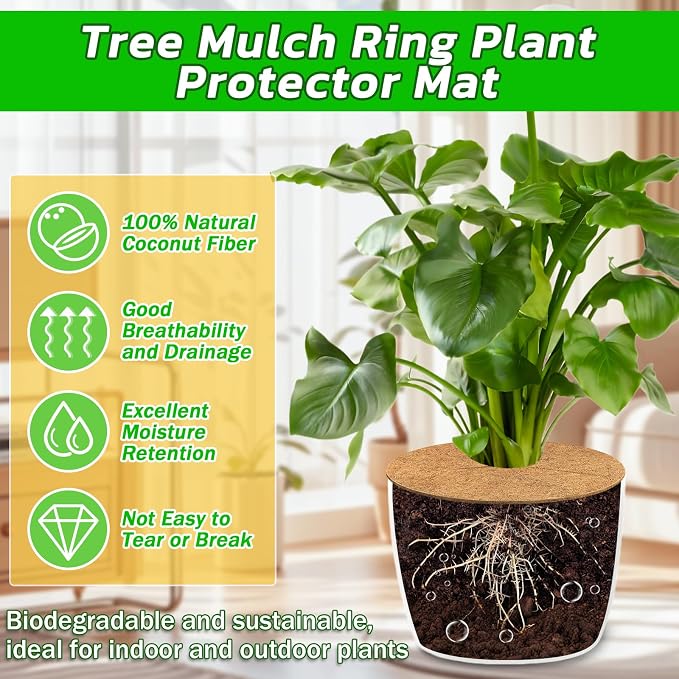 Legigo 4pcs Coconut Fiber Mulch Ring Tree Plant Protector Mat, 14 Inch Natural Coco Coir Tree Mulch Ring Plant Pot Soil Cover, Tree Rings Disc Plant Cover for Indoor Outdoor Plants, Landscaping