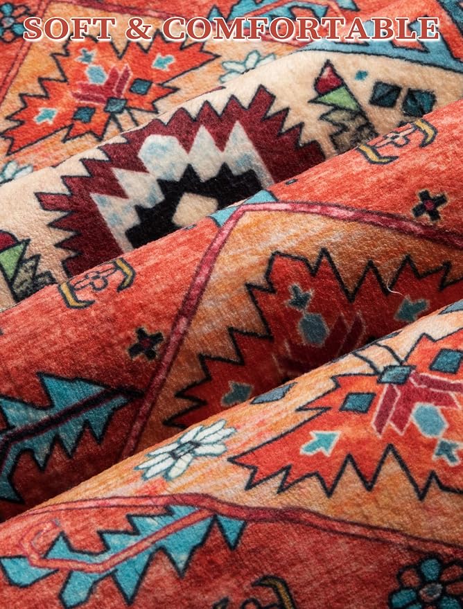 SERISSA 3x8 Washable Non Slip Boho Runner Rug for Hallway，Orange | Ultra Soft Vintage Oriental Carpet Low-Pile Tribal Floor Carpet for Stair Kitchen Bedroom Bathroom Laundry Room