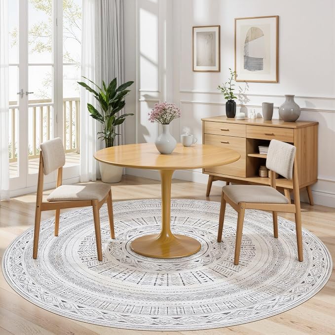 cotiled 6x6 Round Rug 6ft Circle Living Room Boho Area Rugs | Washable Foldable Indoor Carpet for Bedroom Home Office Dark Grey