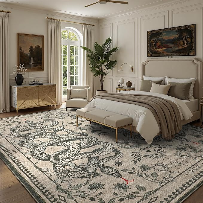 DCX 8x10 Washable Snake Rug for Living Room, Non Slip Low Pile Rug, Beige | Rugs for living rooms, bedroom, dining room, office, soft, gothic rug, sain resistant indoor carpet, home decor