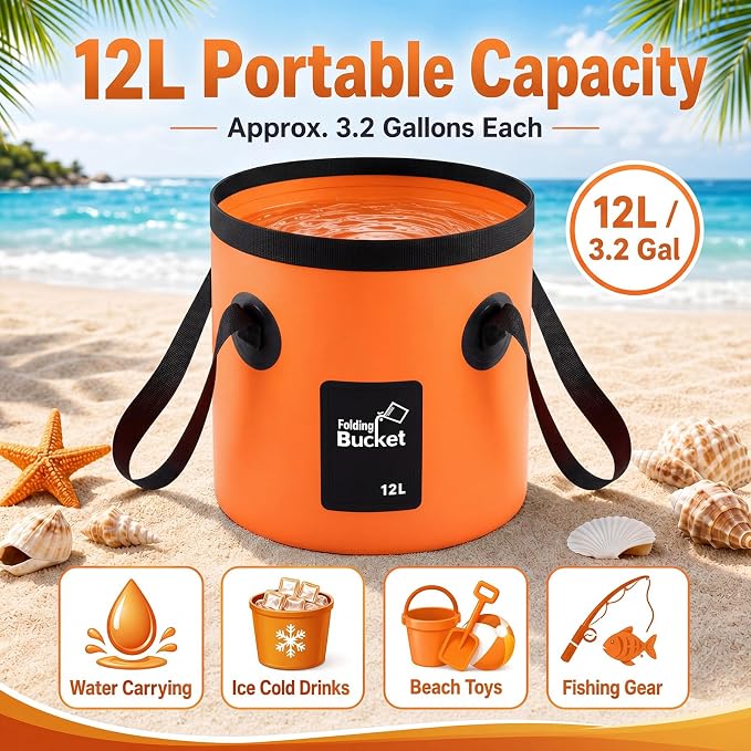 3 Gallon 3 Pack Collapsible Bucket, Foldable Water Bucket with Handles, Portable Camping Buckets for Fishing, Hiking, Cleaning, Outdoor & Travel Use (Orange)
