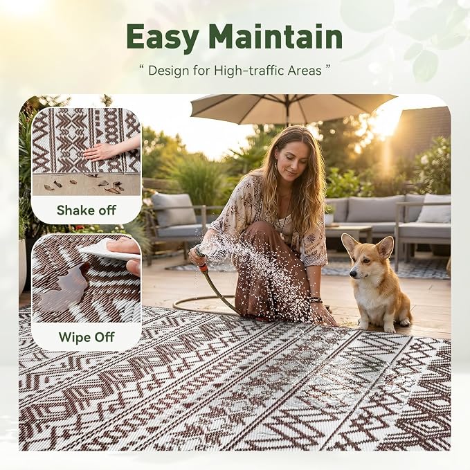 MontVoo-Outdoor Rug Carpet Waterproof 6x9 ft Reversible Patio Rug RV Camping Rug-Plastic Straw Rug Outside Indoor Outdoor Area Rug for Patio Deck Balcony Picnic Beach Outdoor Decor Boho Beige Brown