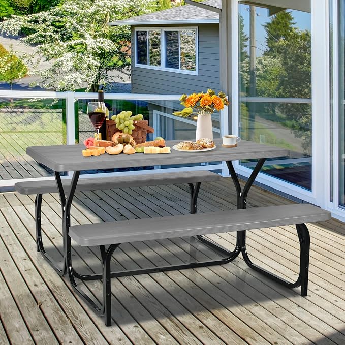 HAPPYGRILL Outdoor Picnic Table Bench Set with Metal Frame & All Weather-Resistant Surface, Camping Table Set for Patio Backyard Poolside Garden Dining Party