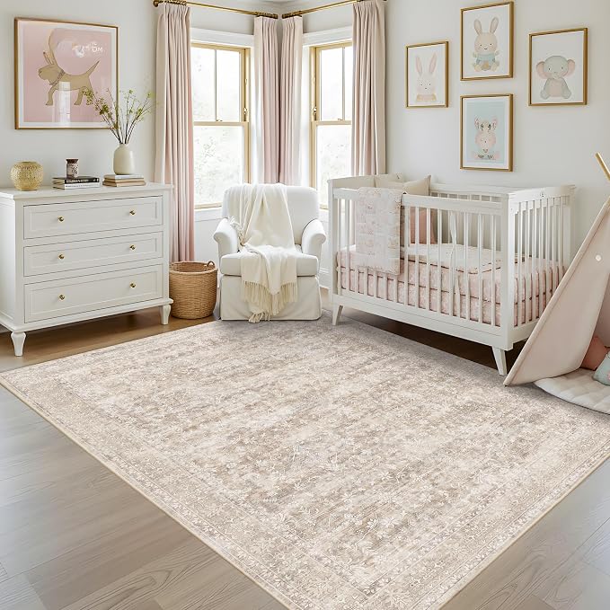 Latte&Fog 5x7 Beige Rug for Living Room，Washable Area Rugs for Bedroom | Non Slip Low Pile Soft Floral Carpet for Dining Kitchen Kids Playroom Nursery Guest Room Classroom Dorm Farmhouse Office