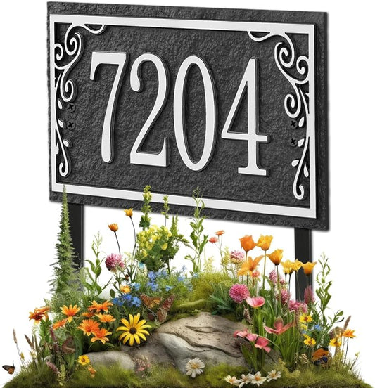 Lawn Address Sign Plaque - Personalized House Number Plaque Sign,Address Numbers for House Large Option Stakes Included (Black/Silver)
