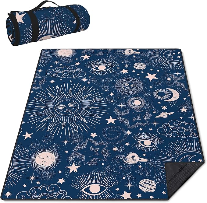 Gothic Picnic Blankets Waterproof Foldable,60″X80″Thick Picnic Mat Blue Outdoor Blanket for Grass, Sun and Moon Beach Blanket Sandproof Picnic Accessories for Camping Party Travel Park Lawn