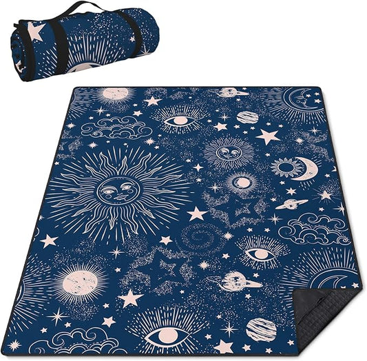 Gothic Picnic Blankets Waterproof Foldable,80″X80″ Sun and Moon Thick Picnic Mat Outdoor Blanket for Grass,Blue Large Beach Blanket Sandproof Picnic Accessories for Camping Picnic Party Park