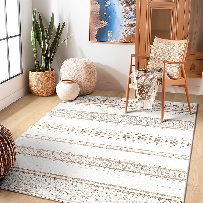 4x6 Washable Area Rugs for Living Room Boho Bedroom Rug Cream/Brown/Pink | Vacuum Friendly, Machine Washable, Non-Slip Rug, Stain Resistant, Moroccan Geometric, Low Pile Carpet, Dining Room Kitchen