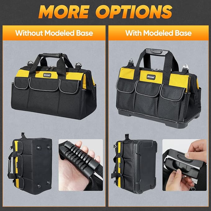 TICONN Heavy Duty Tool Bag with Multi-Pockets, Portable Tool Box Organizer Storage Bag, with Adjustable Shoulder Strap and Ergonomic Handle (Yellow, 16" Molded Base)