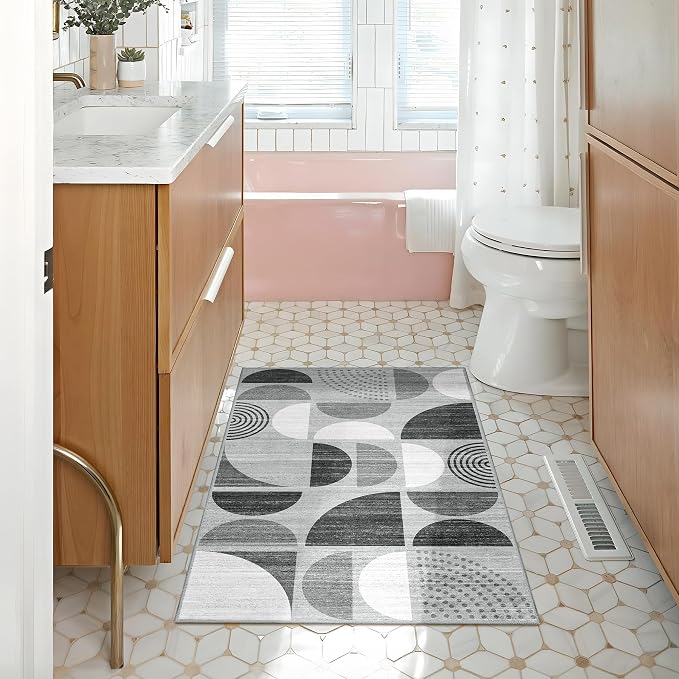 Small Rug Washable,Boho 2x3 Area Rugs Non Slip Modern Abstract | Machine Washable Throw Carpet for Entryway Bathroom Entry Entrance Bedroom Kitchen Soft Low Pile Floor Indoor Black and Grey
