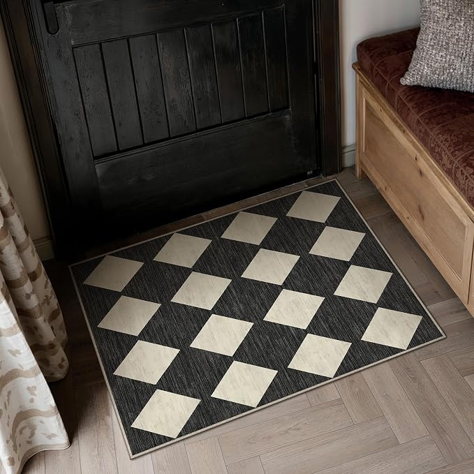 Black 2x3 Washable Area Rug Entryway Non Slip Checkered Doormat | Soft, Low Pile, Easy Clean, Diamond Pattern for Kitchen, Hallway, Bathroom, Laundry Room, Modern Indoor Decor