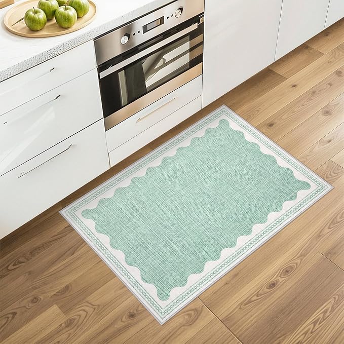 2x3 Scalloped Area Rugs Green Washable Entryway Bedroom Rug | Solid Small Area Rug Non Slip Scalloped Bath Mat, Front Door Mat Indoor Entrance,Soft Girls Nursery Dorm Carpet for Kitchen