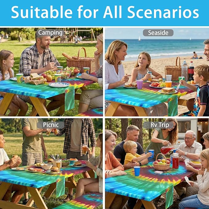 Fitted Waterproof Picnic Table Cover with Bench Covers Elastic 96×30In 3 Piece Camping Table Cloth for 8Ft Rectangle Tables Outdoor Camper Gifts Supplies Patio Rv Traveling Hiking Must Haves