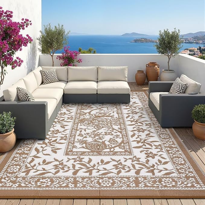 Garvee Outdoor Rug 5x8, Waterproof Reversible Foldable Plastic Straw Rug, Botanical cottagecore Outdoor Rugs Patio Camping RV Carpet for Deck Camper Porch Balcony Backyard Picnic Beach Coffee