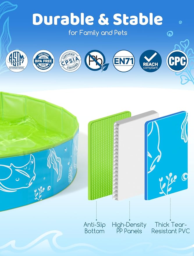 Hikiddy Foldable Kiddie Pool with Canopy, 47in, Blue-Green | for Baby Toddler Kids Pets - Summer Water Play Pool with Removable Shade - Portable for Outdoor Backyard Beach