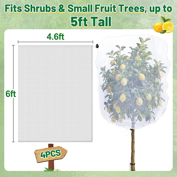 4 Pack Insect Bird Netting Cover - 4.6x6FT Garden Netting Blueberry Bushes Plant Covers with Drawstring, Fine Mesh Net for Protecting Lemon Orange Large Fruit Tree from Barrier Squirrel Deer