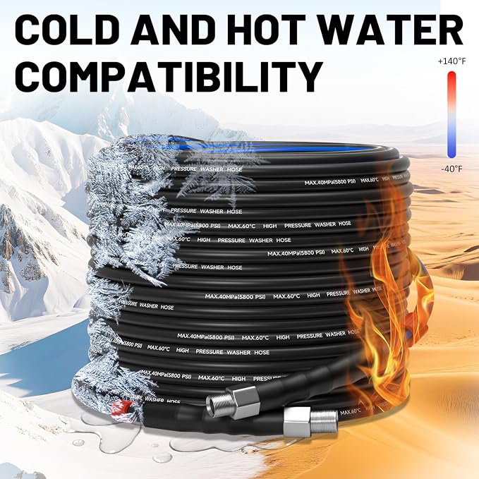 Sewer Jetter Kit for Pressure Washer 50ft – 5800PSI Drain Jetter Hose 1/4 Inch NPT Corner with Watering Spray Nozzle, Rotating and Button Hose Sewer Jetting Nozzles & Easy-to-Store Strap