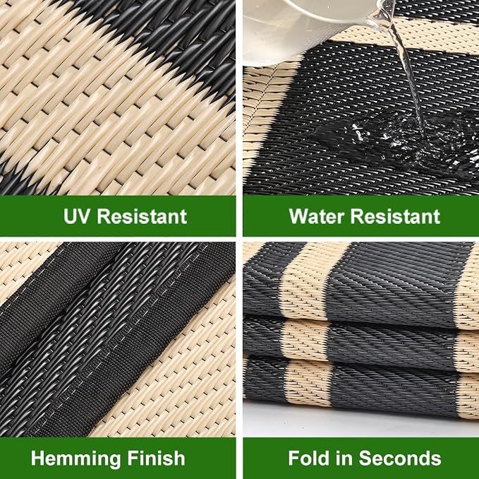 RURALITY Outdoor Rugs 5x8 Waterproof for Patios Clearance,Plastic Straw Mats for Backyard,Porch,Deck,Balcony,Reversible,Black and Beige