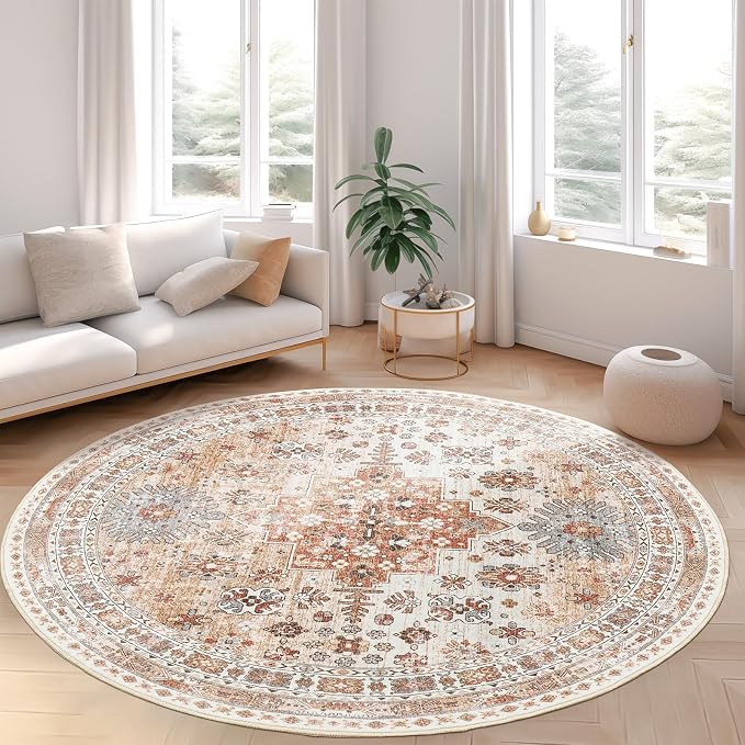 Round Rug 6ft,Circle Rug for Dining Room Table,Orange | Washable Rugs for Kitchen,Entryway,Bedroom,Dining Room,Nursery Room,Thin,Soft Runner Rug,Stain Resistant Indoor Carpet