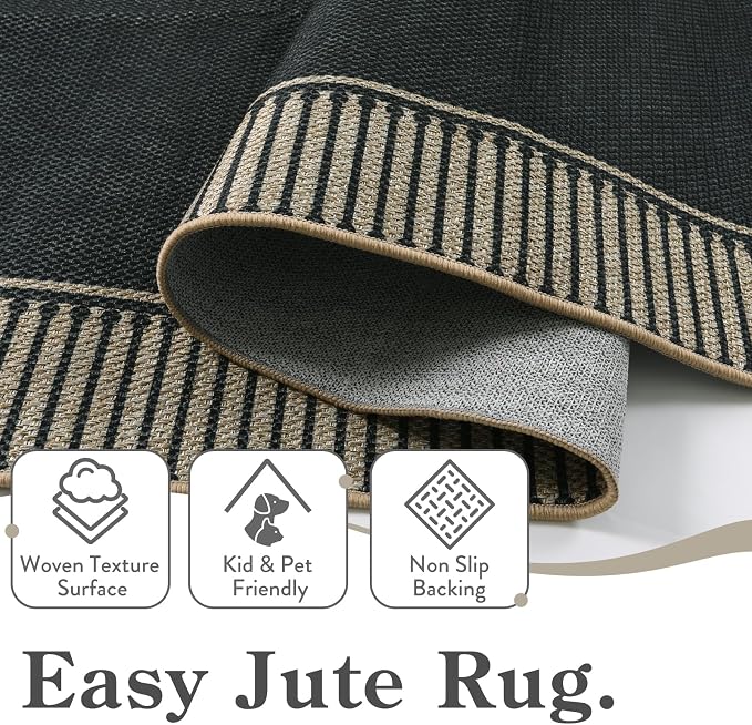 Moynesa Washable Black Striped Border Easy Jute Runner Rugs 2.5x8, Entryway Rug Runners for Kitchen, Farmhouse Indoor Outdoor Non Slip Carpet for Hallways Bathroom Bedroom Laundry