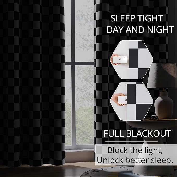 Rod Pocket & Back Tab Checkered Curtains, 100% Blackout, Race car Flag Checkerboard Curtains, Thermal Insulated, Noise Reducing, 3-inch Checkered, 2 Panels, Each W42×L36