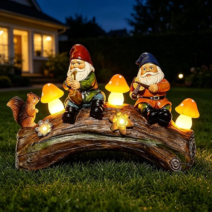 Solar Garden Gnome Statue - Whimsical Solar-Powered Lawn Ornament for Outdoor Decor, Waterproof Yard Art with Warm LED Mushroom Lights, for Homeowners & Garden Enthusiasts