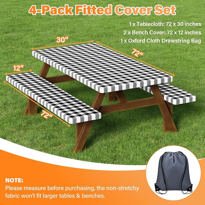 HappyTrends Fitted Picnic Table Cover with Bench Covers - 6FT Dual Layer Waterproof Camping Tablecloth with Windproof Elastic Edging & Bag, Washable RV Camping Essentials (72x30in, Black & White)