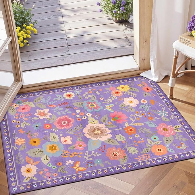 RELEANY Floral Washable 2x3 Area Rugsk Doormat Purple/Pin | Flower Carpet, Print, Boho, Non-Slip, Easy to Clean, Soft, Low Pile for Living Room Bedroom Kitchen Office Entryway Hallway