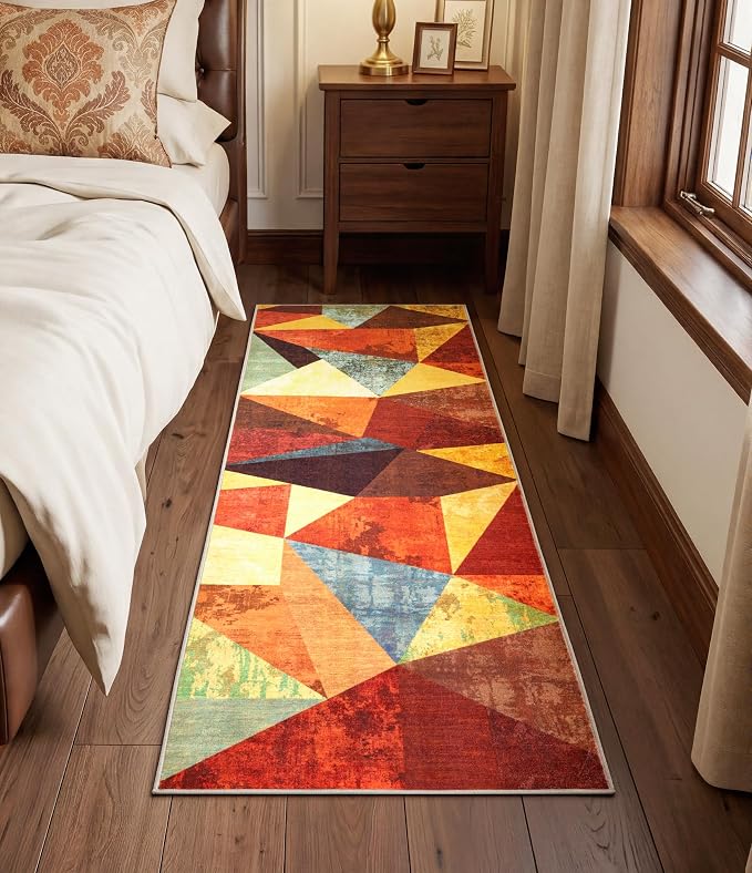 Brown Runner Rug 2x6 for Hallway,Geometric Burnt Orange Area Rug Non Slip,Farmhouse Rugs Washable,Vintage Burgundy Carpets, Boho Rug for Kitchen