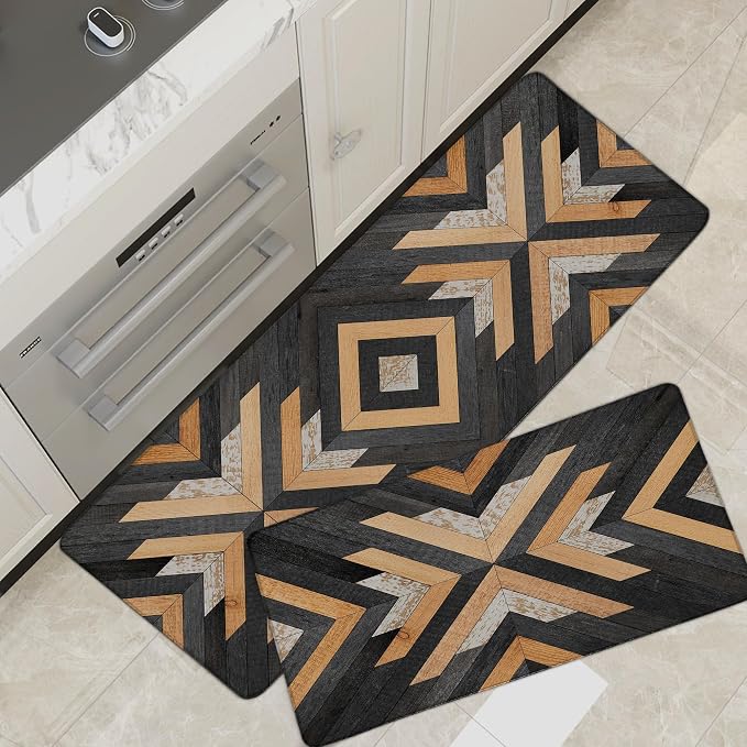 Tyrot Black Boho Aztec Kitchen Mats Rugs Sets of 2 Cushioned Anti Fatigue Floor Mat Western Foam Comfort Kitchen Rugs Farmhouse Style Non Slip Waterproof Standing Mat for Sink Laundry