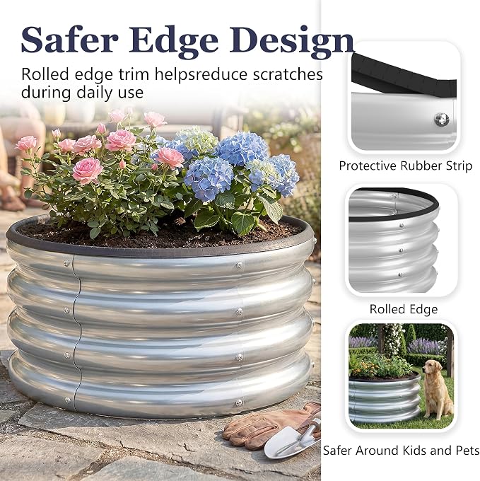 2 x 2 x 1 ft Round Metal Raised Garden Bed, Silver 2 Pack Heavy Duty Galvanized Steel Planter Box with Safety Edge Trim for Vegetables Flowers Herbs Outdoor Garden