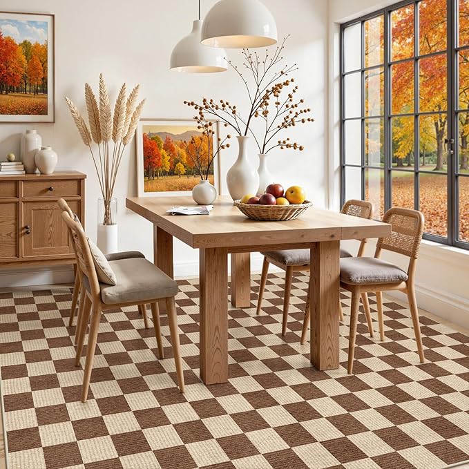 LIVEBOX 8x10 Area Rugs for Living Room, Checkered Non-Slip Washable Rugs, Farmhouse Neutral Classic Geometric Pattern Large Boys Area Rug for Bedroom, Carpet for Dining Room Office(Dark Brown,8'x10')